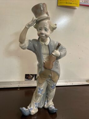 Lladro Vintage Retired Porcelain Clown Figurine in Blue, Cream and Tan Handmade